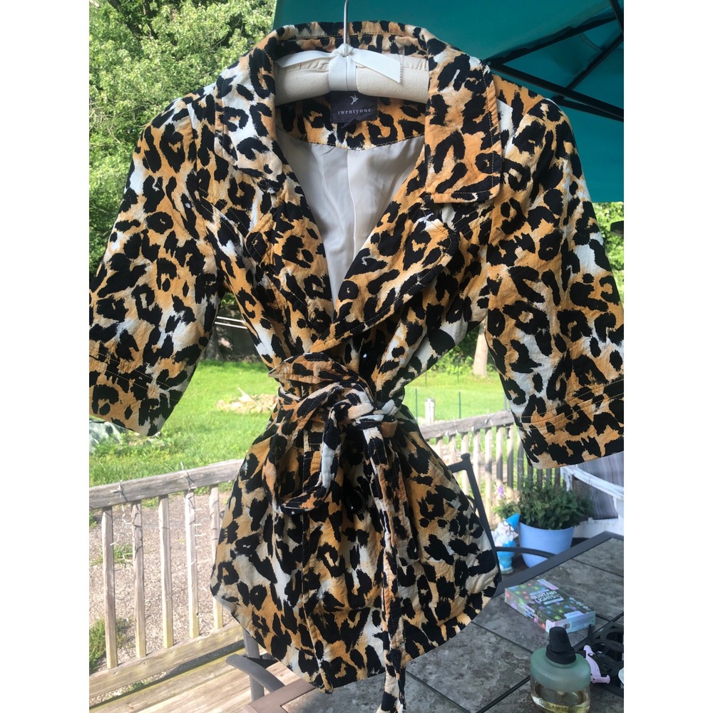 Vtg Forever 21 Leopard Print Trench Double Breasted Belted Jacket black Tan S